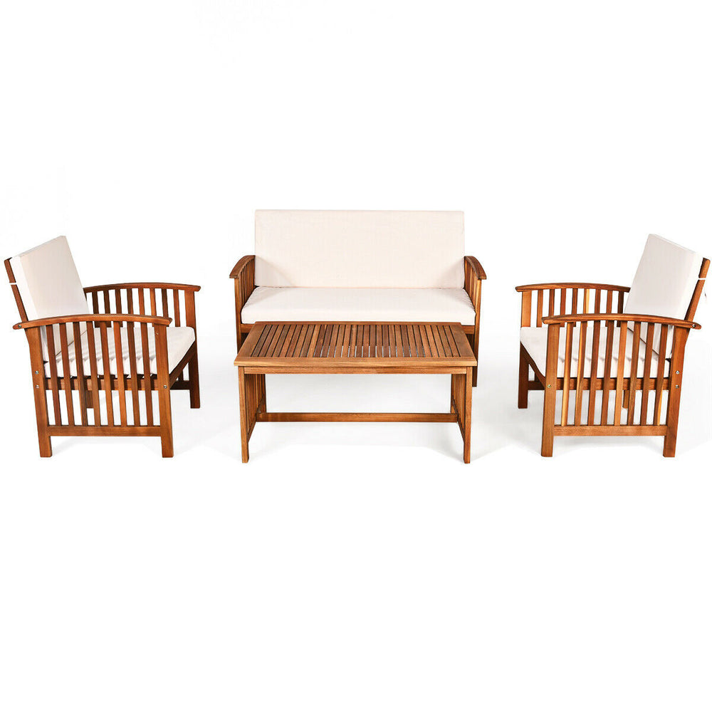 Loveseat from the 4 Pieces Patio Solid Wood Furniture Set in beige, featuring a sturdy acacia wood frame and soft.
