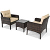 Outdoor patio rattan conversation set with beige cushions and tempered glass table, perfect for backyard relaxation.
