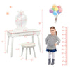 Kids vanity makeup table and chair set in white with a mirror, drawer, and cushioned stool for ages 3-8.
