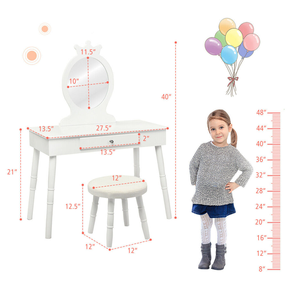 Kids vanity makeup table and chair set in white with a mirror, drawer, and cushioned stool for ages 3-8.