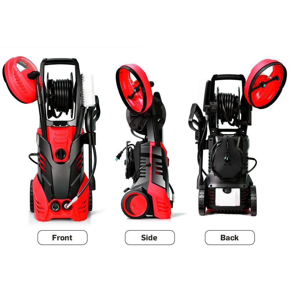 Electric high pressure washer in red, showing front, side, and back views, featuring 3000 PSI and hose reel for easy.