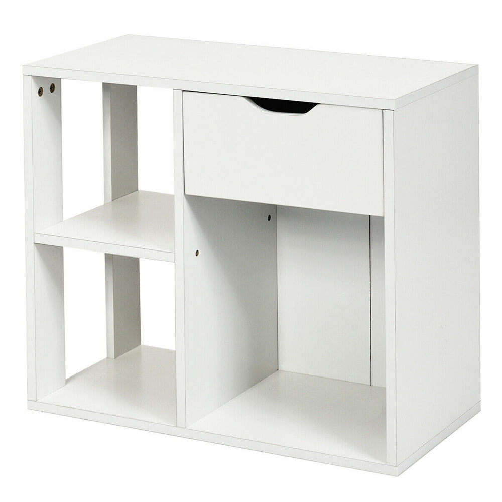 3-tier side table in white featuring a large drawer and open shelf for stylish storage in any room.