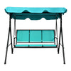 Three-person outdoor patio swing bench with blue canopy, durable steel frame, perfect for relaxing in gardens or patios.