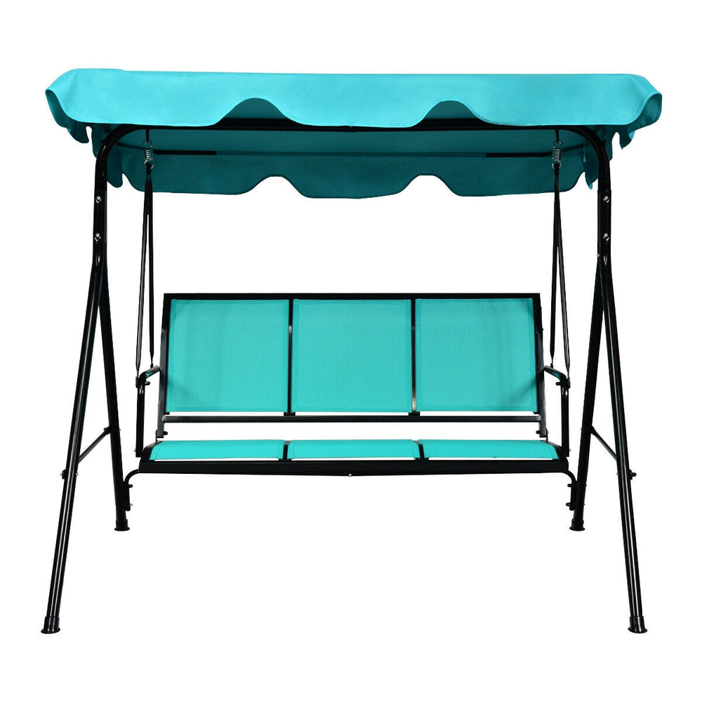 Three-person outdoor patio swing bench with blue canopy, durable steel frame, perfect for relaxing in gardens or patios.
