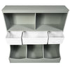 Freestanding gray storage organizer with two shelves, three non-woven drawers, and three bins for versatile storage.