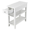 White 3-tier nightstand with open shelves and a drawer, perfect for bedside or living room storage.