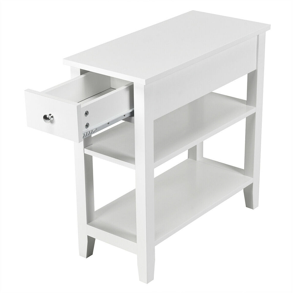 White 3-tier nightstand with open shelves and a drawer, perfect for bedside or living room storage.