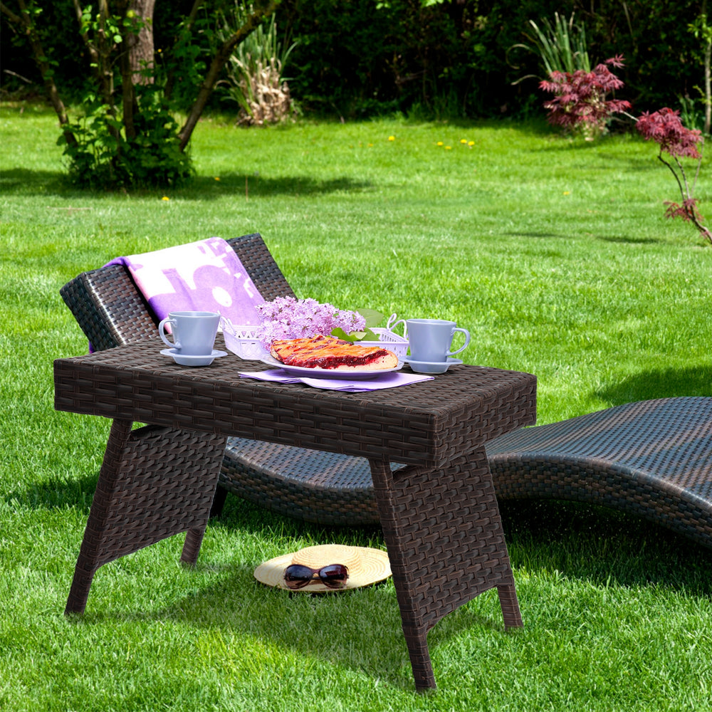 Folding PE Rattan Side Coffee Table Patio Garden Furniture-Brown - Gallery View 1 of 10