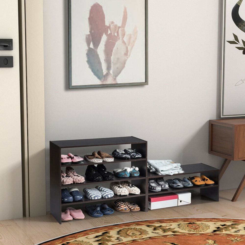 Stackable 31-inch shoe rack in brown, featuring two tiers for organized shoe storage in living room or bedroom.