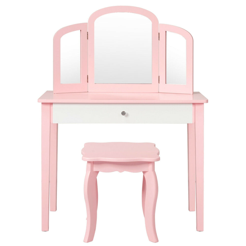 Kids pink makeup dressing table set with tri-folding mirror and chair, perfect for bedroom or playroom use.