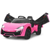Pink 12V electric vehicle with remote control, LED lights, and openable doors, perfect for kids' outdoor fun.