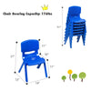 Blue plastic stackable classroom chair with ergonomic design, ASTM certified, suitable for kids aged 3-8 years.