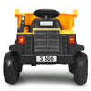 Rear view of the yellow 12V kids ride-on dump truck with electric bucket, featuring bright LED lights and rugged tires.