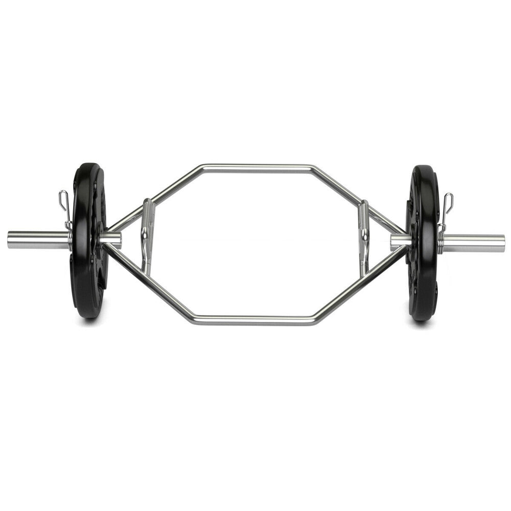 Side view of the 56-inch Olympic hexagon deadlift trap bar showcasing the heavy-duty steel construction and loadable.