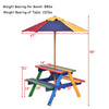 Kids picnic table with umbrella in multicolor, made of eco-friendly fir wood, perfect for outdoor meals and play.