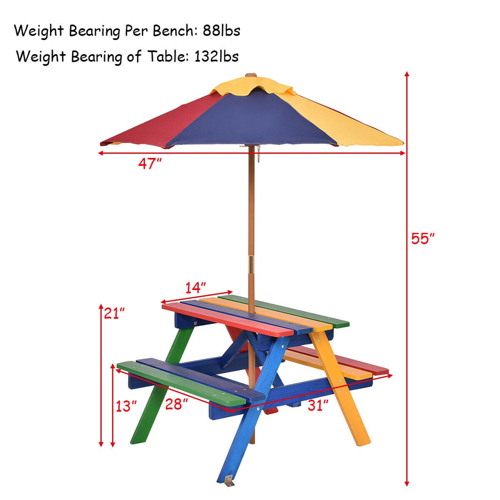 Kids picnic table with umbrella in multicolor, made of eco-friendly fir wood, perfect for outdoor meals and play.