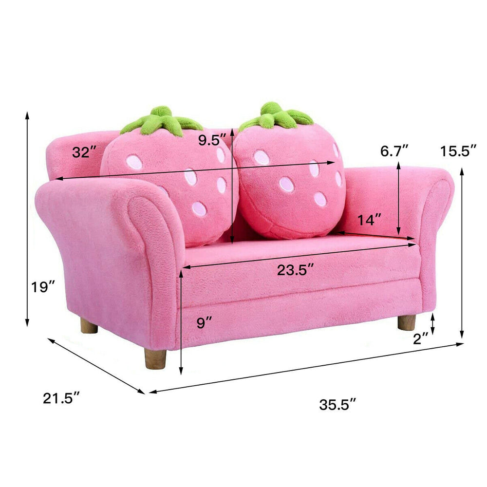 Kids strawberry armrest chair sofa in pink with dimensions displayed, perfect for children's rooms and play areas.