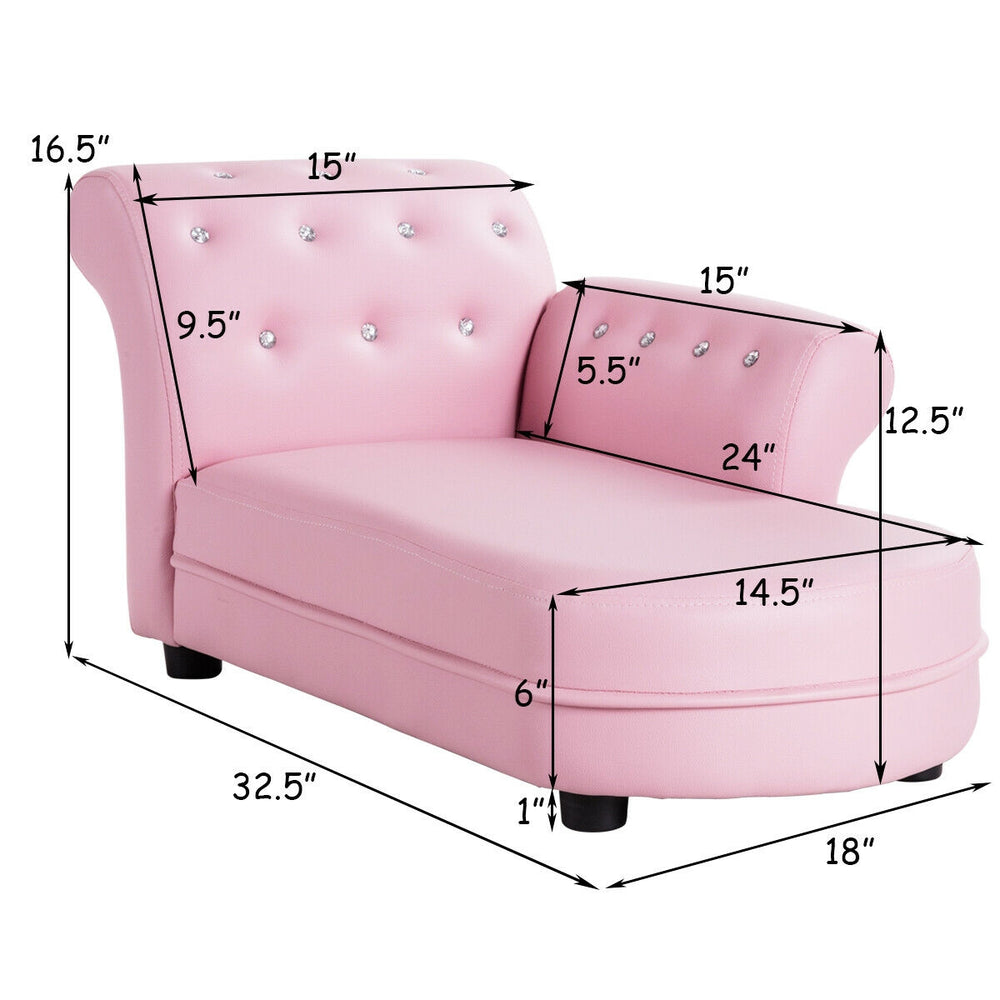 Pink Armrest Relax Chaise Lounge Kids Sofa showcasing dimensions, featuring a solid wood frame and high-density sponge.