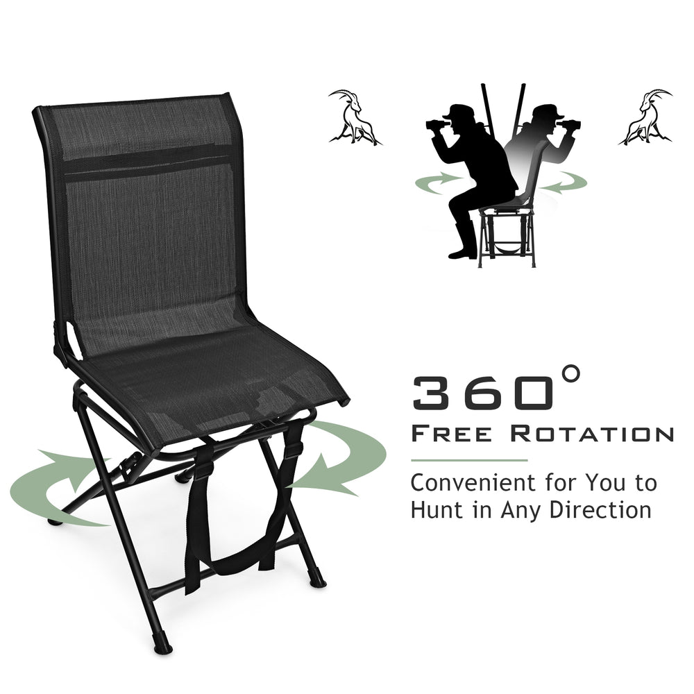 Black foldable 360-degree swivel chair with iron frame, designed for outdoor use and easy transport.