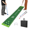 Putting green mat with adjustable putters, 6 balls, and carry bag, ideal for indoor and outdoor golf fun.