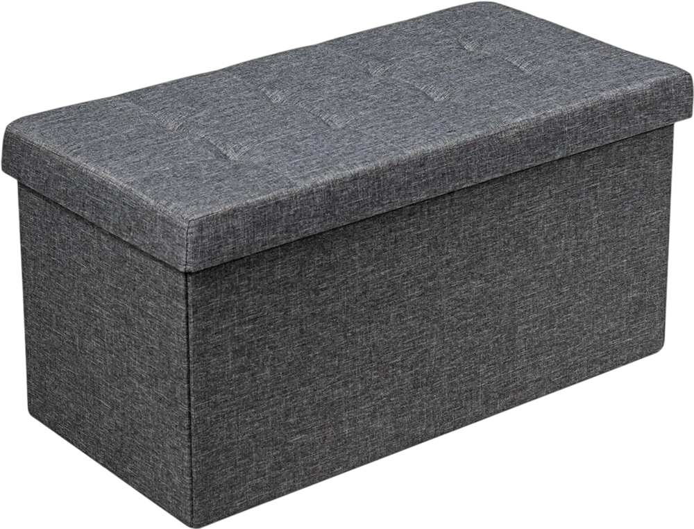 Foldable dark gray fabric storage ottoman with padded seat and roomy interior for blankets, clothes, and shoes.