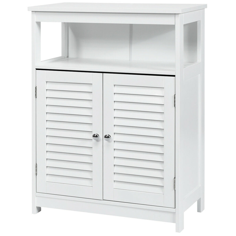 White bathroom storage cabinet with a modern design, featuring a sturdy structure and double shutter doors for.