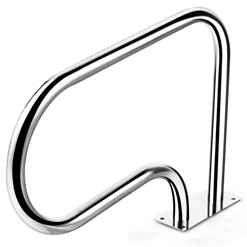 Stainless steel swimming pool handrail with a curved design and square base for stability, ideal for easy pool access.