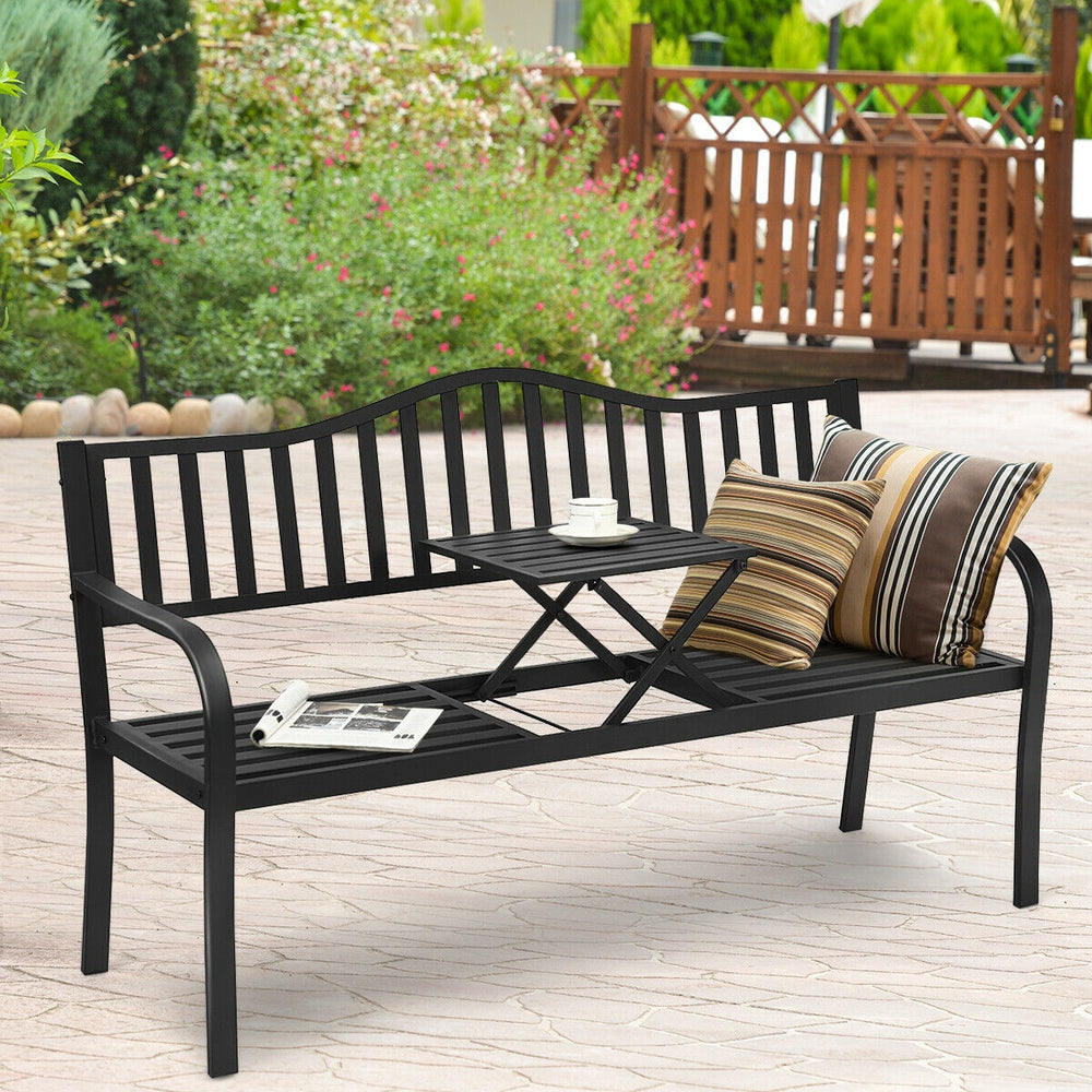 Detailed view of the foldable center table on a patio garden bench, crafted from rustproof steel for outdoor.