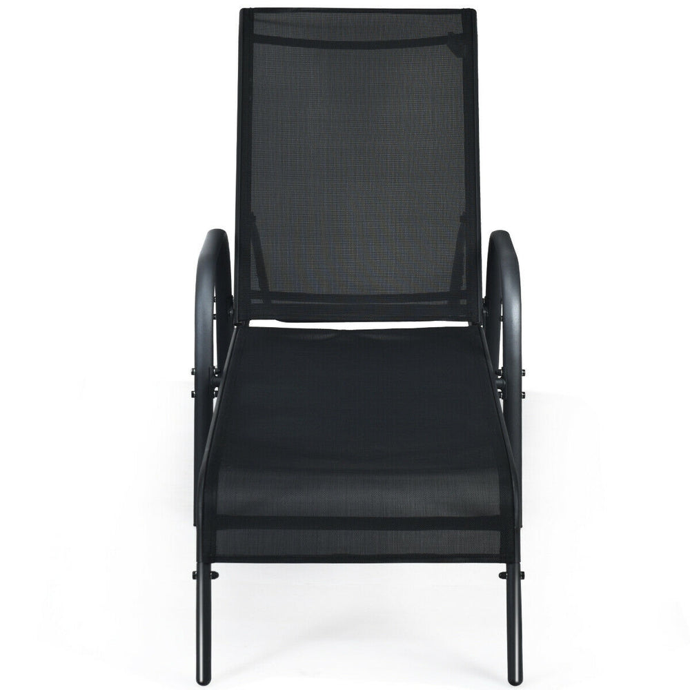 Adjustable black patio chaise lounge chair with five backrest positions, perfect for relaxing by the poolside or garden.