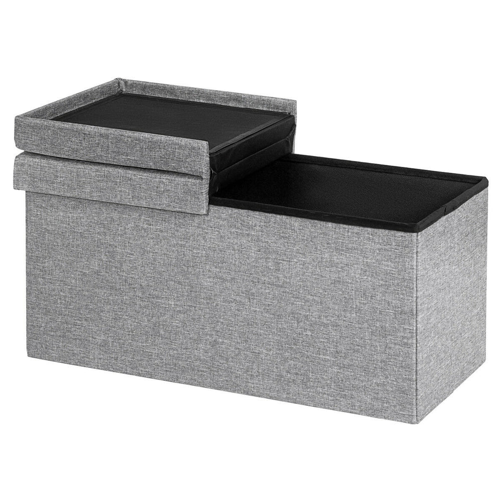 Light gray folding storage ottoman with lift top, sturdy MDF construction, and spacious interior for organizing.