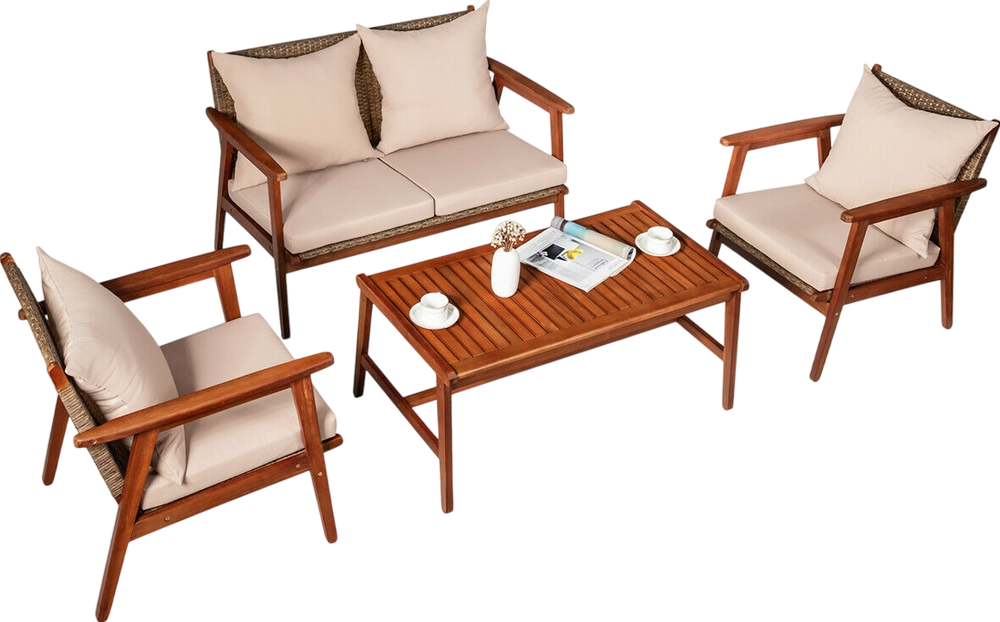 Costway Patio Furniture Set Pieces Acacia Wood Rattan with