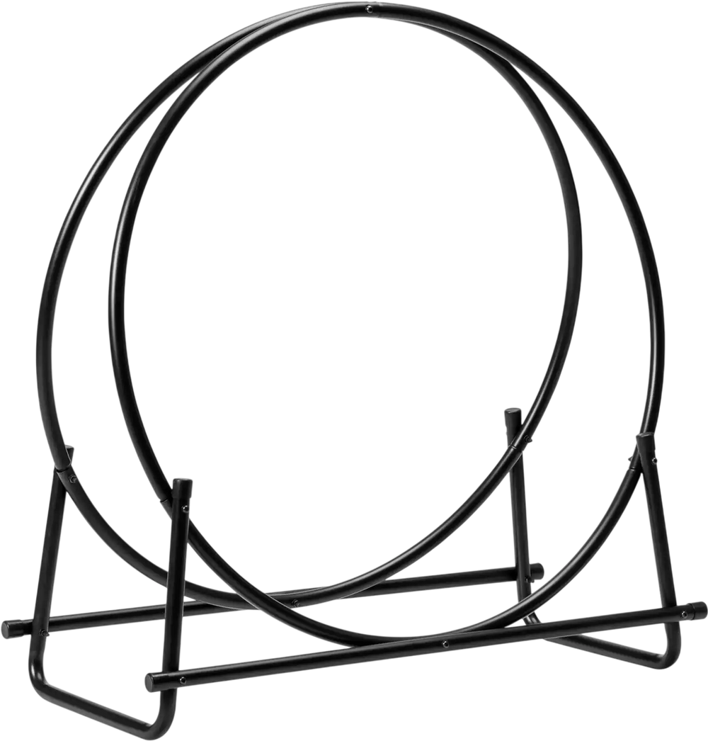 30-inch black tubular steel log hoop firewood storage rack featuring a stable A-shape design, perfect for firewood.