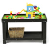 Multifunctional dark brown kids activity play table with storage, featuring building blocks and a removable shelf.