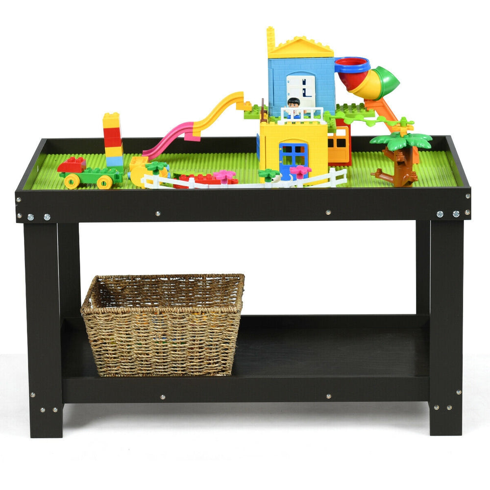 Multifunctional dark brown kids activity play table with storage, featuring building blocks and a removable shelf.