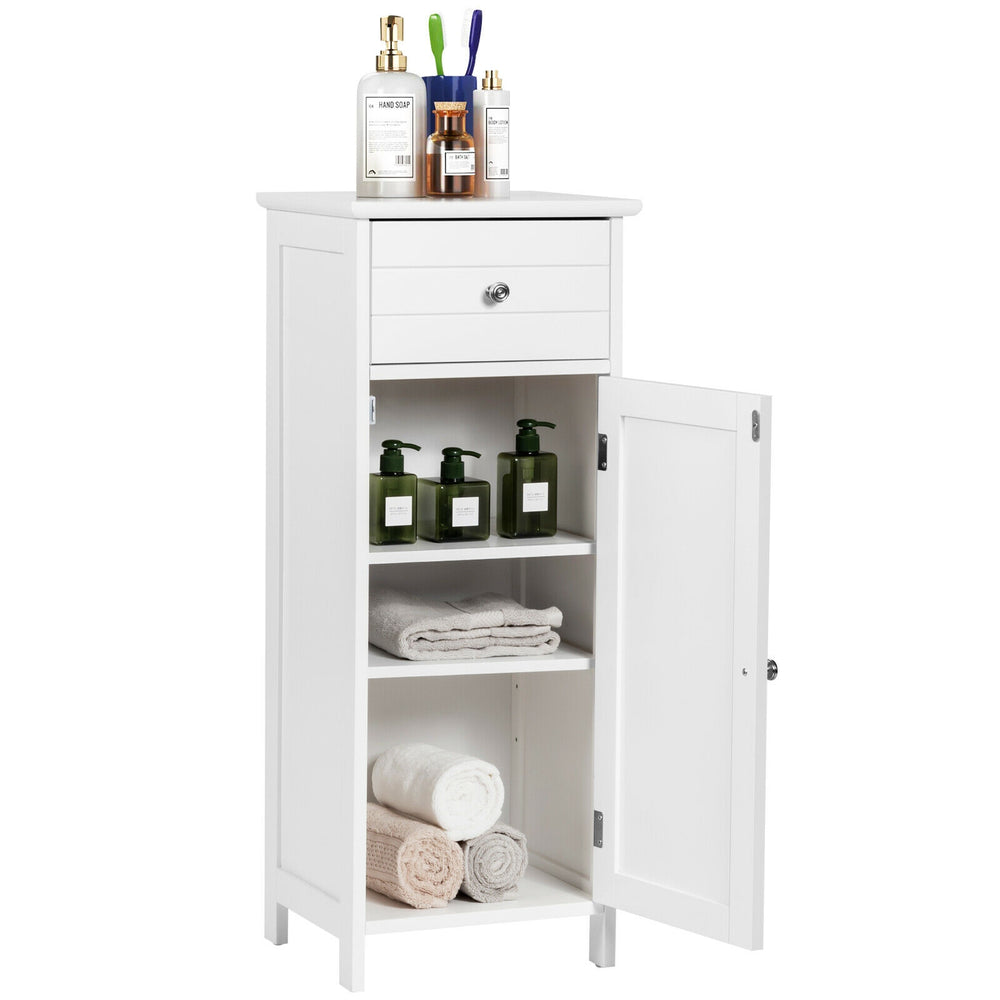 White wooden bathroom floor storage cabinet featuring a drawer and adjustable shelves for versatile organization.