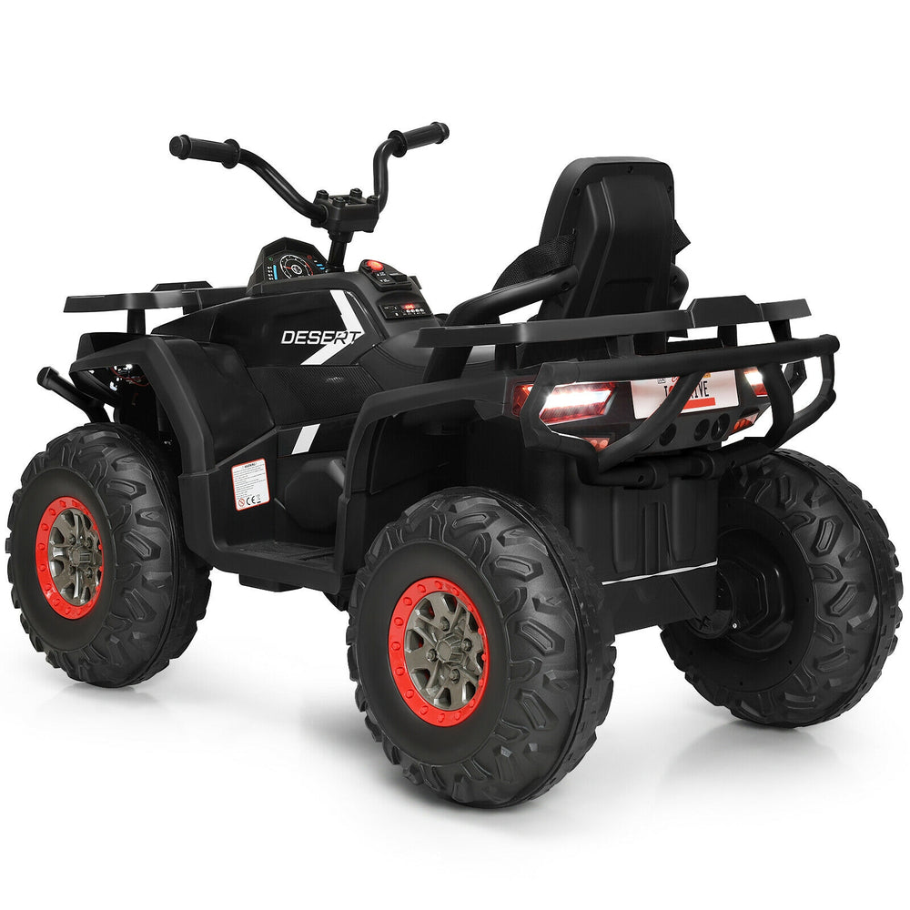 Rear view of the black 12V kids electric ATV quad showcasing durable tires and robust frame for safe outdoor.