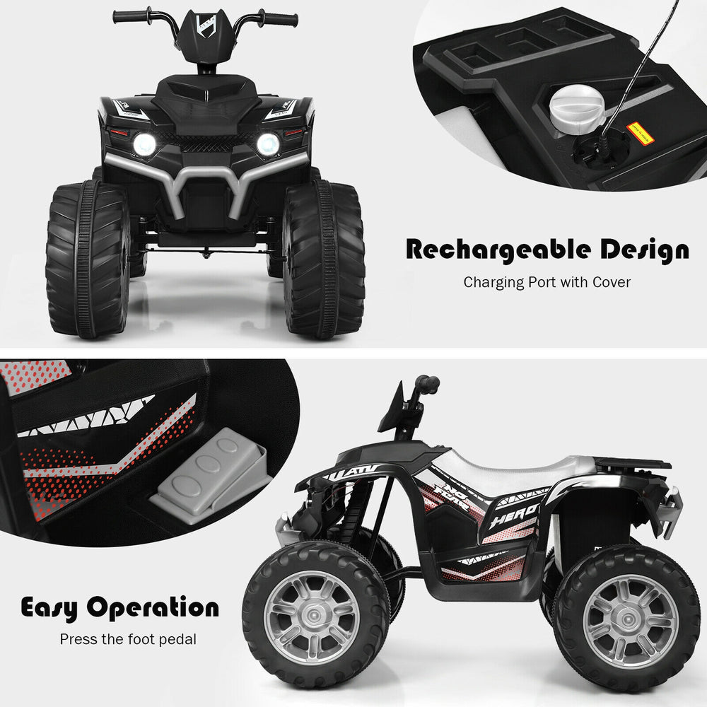 Front view of the 12V Kids Ride on ATV in black, featuring LED lights and easy operation for fun outdoor adventures.