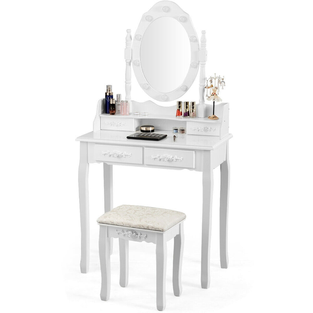 White makeup vanity dressing table set with solid MDF and pinewood legs, featuring four drawers for ample storage space.