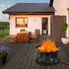 Portable propane gas fire pit with flames, sturdy iron construction, perfect for outdoor camping and gatherings.