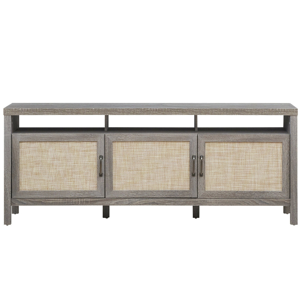 Gray universal TV stand with three rattan cabinet doors and solid wood legs, providing elegant storage for TVs up to 65.