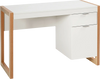Modern white computer desk with oak accents, featuring a large drawer and cabinet for efficient workspace organization.