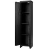 Slim black linen tower storage cabinet with an elegant design, four spacious shelves, perfect for entryway or bedroom.