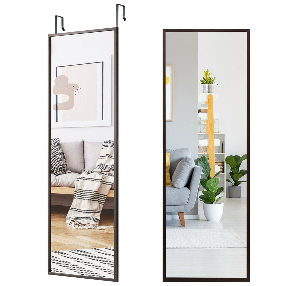Full-length coffee metal door mirror with adjustable hooks, perfect for wall-mounting or door hanging in any room.