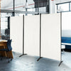 Three-panel room divider in white, made of polyester fabric and steel, ideal for creating private spaces in offices.