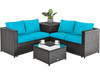 Sectional outdoor patio rattan furniture set with turquoise cushions, featuring a coffee table and storage box for.