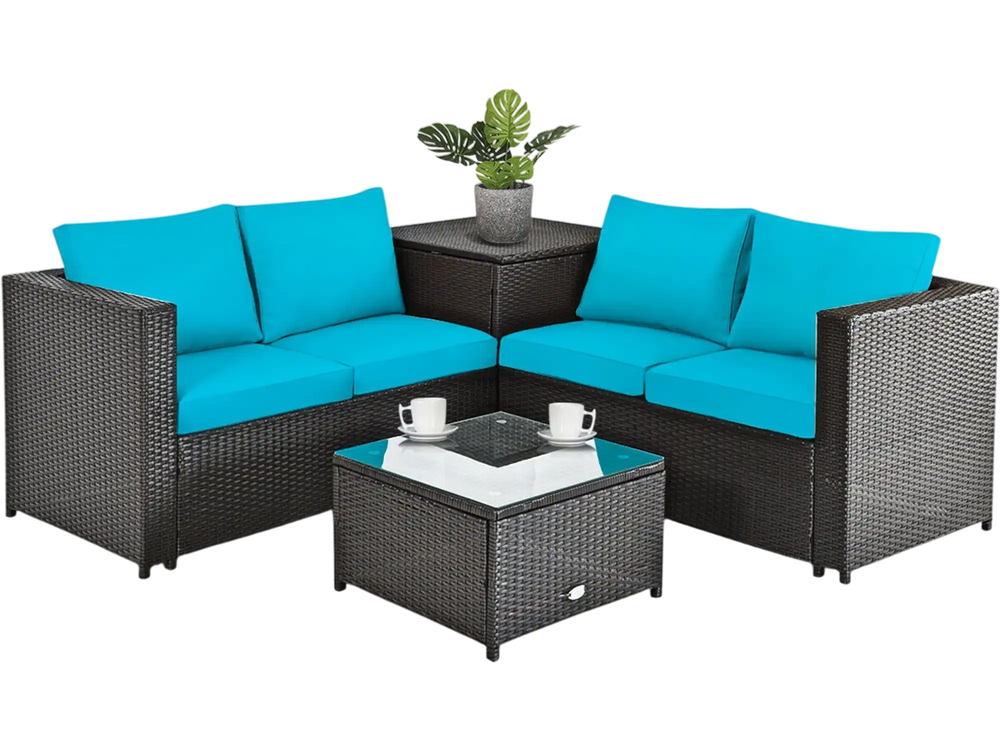 Sectional outdoor patio rattan furniture set with turquoise cushions, featuring a coffee table and storage box for.