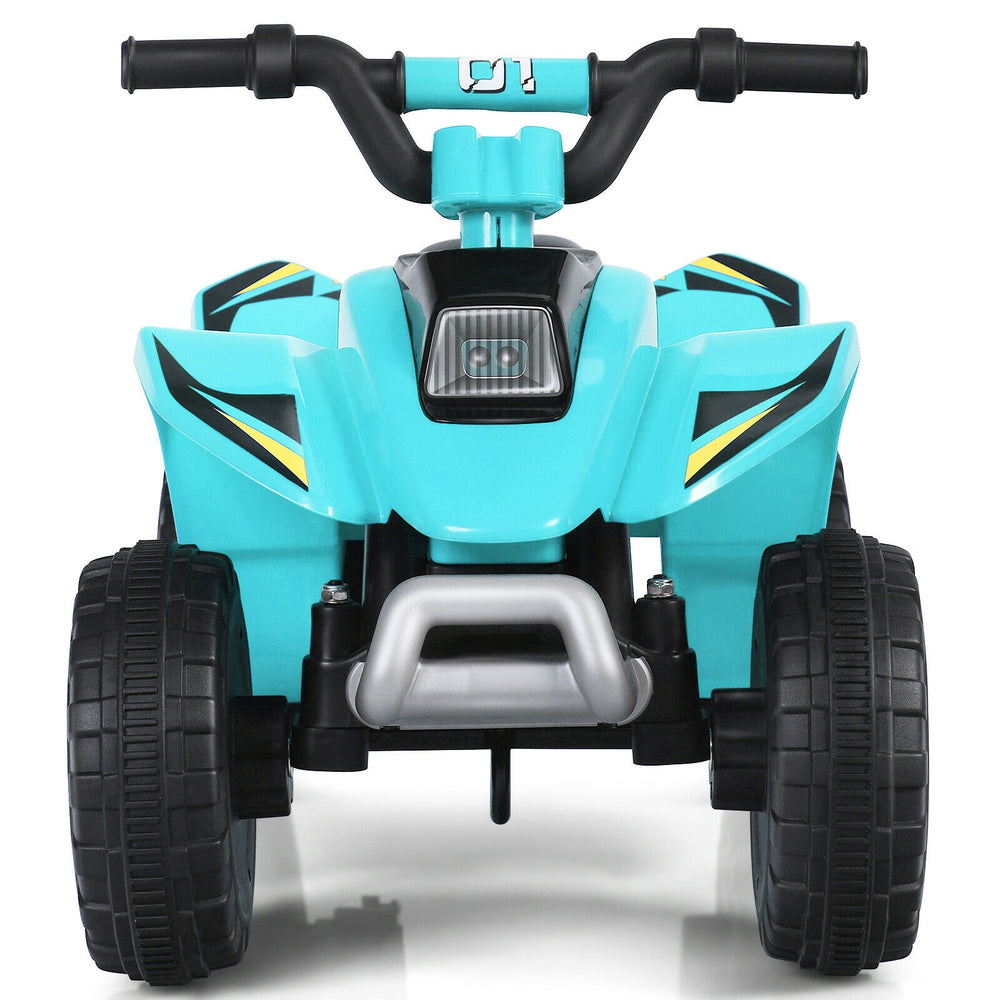 Front view of the blue 6V kids electric ATV ride-on toy with four wear-resistant wheels for indoor and outdoor fun.