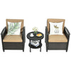 Two cushioned patio chairs with a storage table, made of durable PE rattan, perfect for outdoor relaxation.