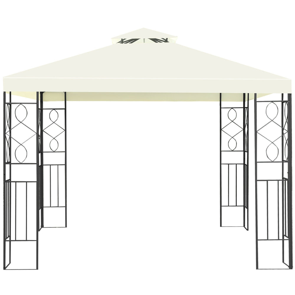 10 x 10 feet patio gazebo canopy tent with a double tier roof and decorative patterns, ideal for outdoor activities.