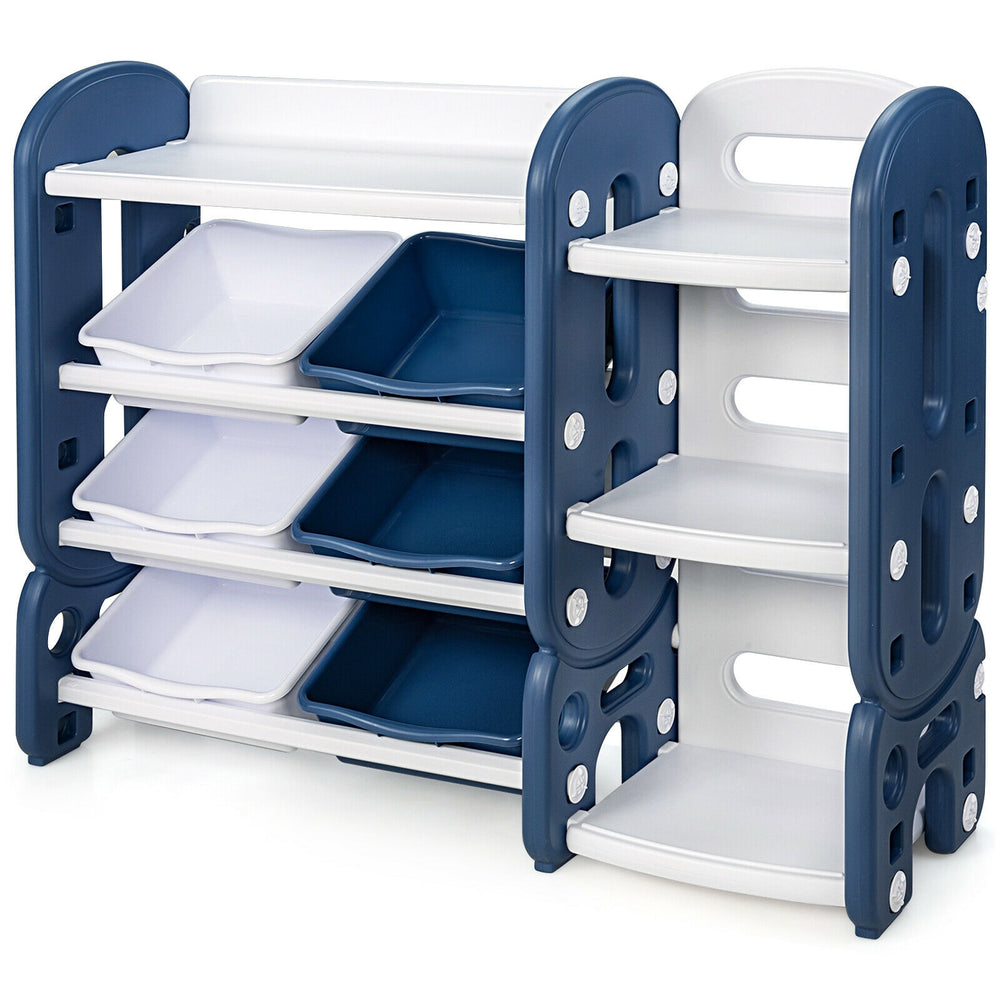 Kids toy storage organizer in blue with 6 bins and multi-layer shelf for bedroom or playroom, promoting neatness and.